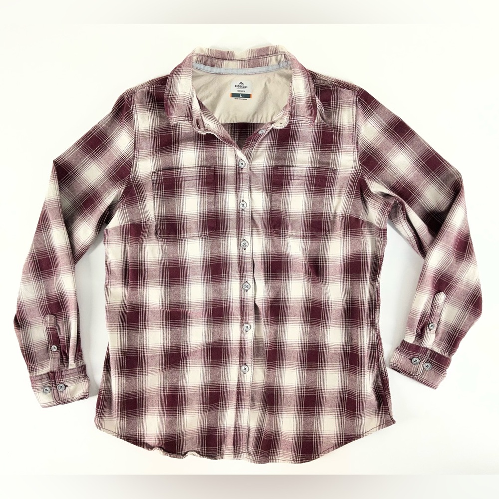 Ridgecut Toughwear Women's Burgundy Plaid‎ Flex Flannel Button Down Shirt Large